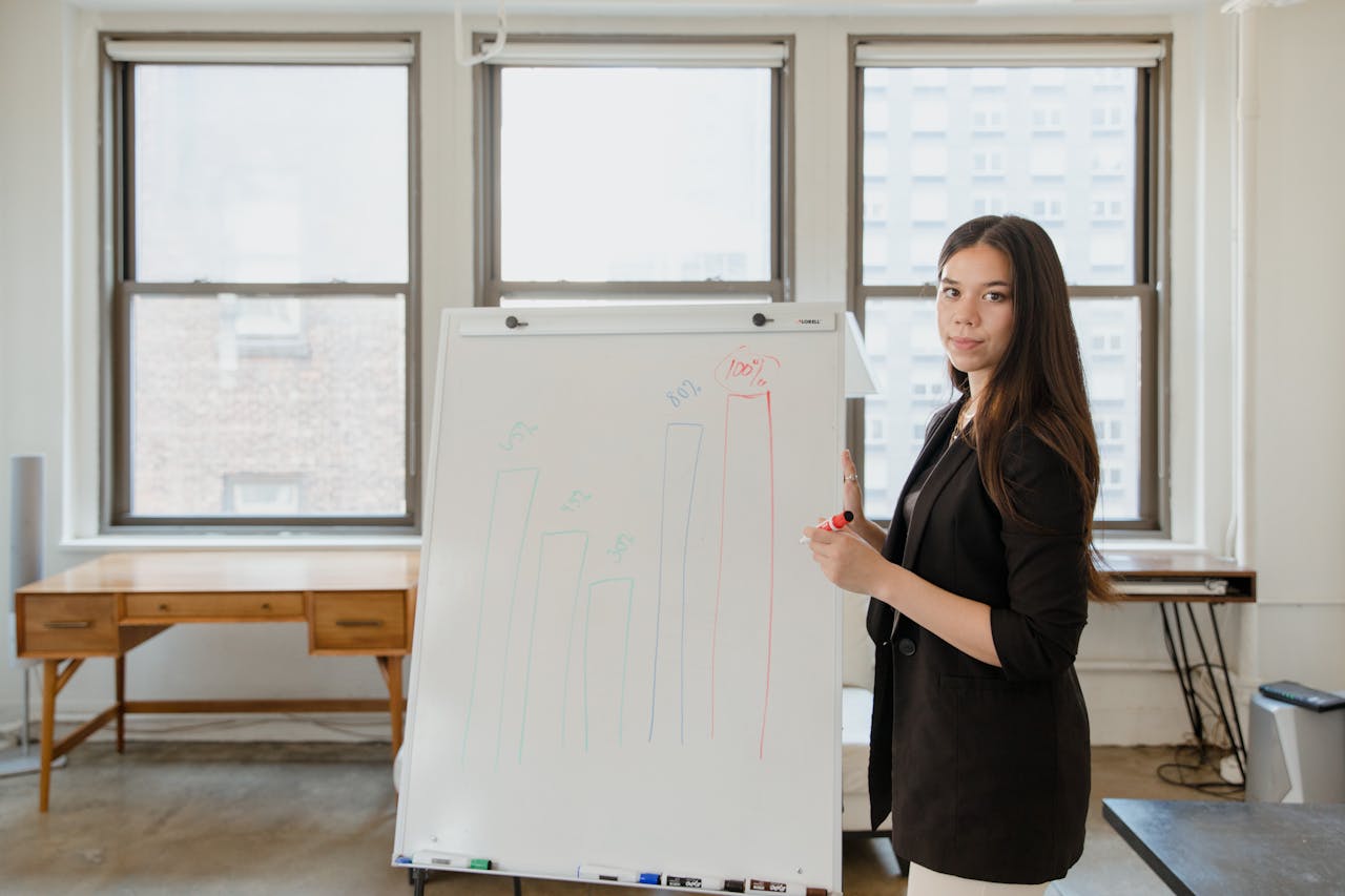 Confident businesswoman presenting a bar chart in a modern office setting.